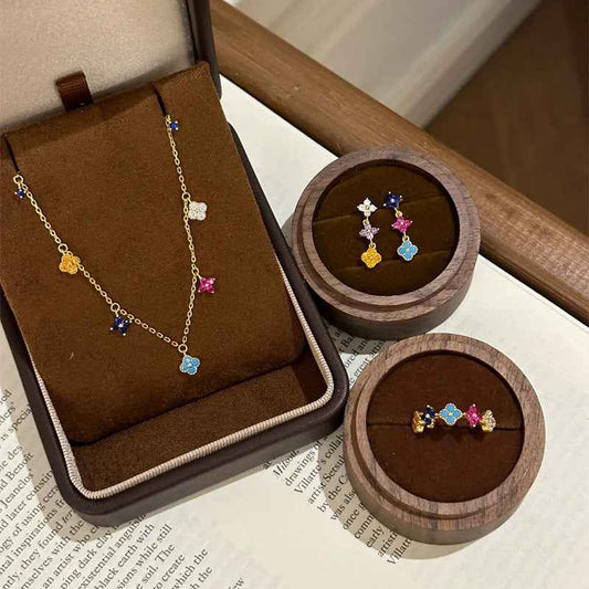 925 Sterling Silver Bloom of Luck Clover Jewelry Set Necklace Ring Earrings