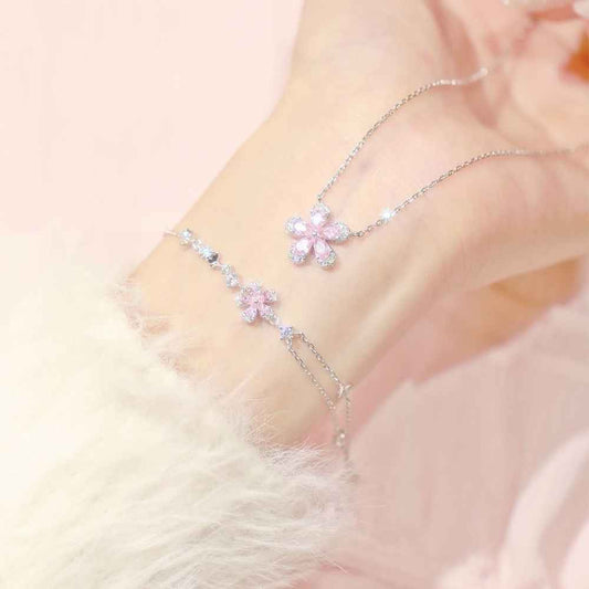 Blush Sakura Pink Blossom Jewelry Set S925 Sterling Silver Necklace Bracelet
