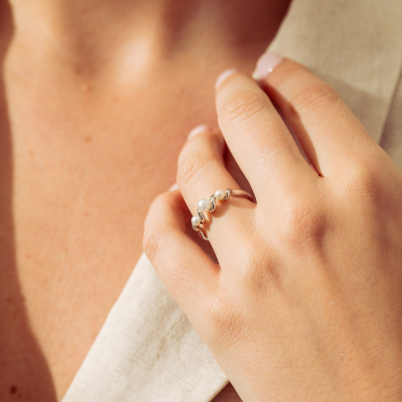 “Pearl Spiral” S925 Sterling Silver Open Adjustable Pearl Ring