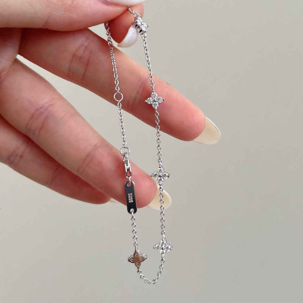 925 Sterling Silver Lucky Petal Clover Moissanite Zircon Bracelet Adjustable