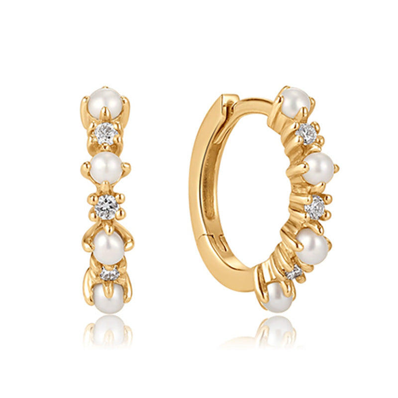 “Pearl Halo Gleam” S925 Sterling Silver Pearl Huggie Hoop Earrings with Zircon Accents
