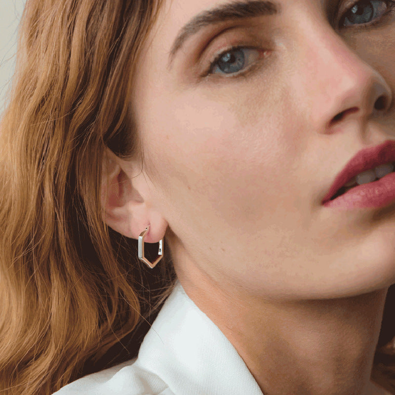 “Hexagon Muse” S925 Sterling Silver Minimalist Hexagon Hoop Earrings
