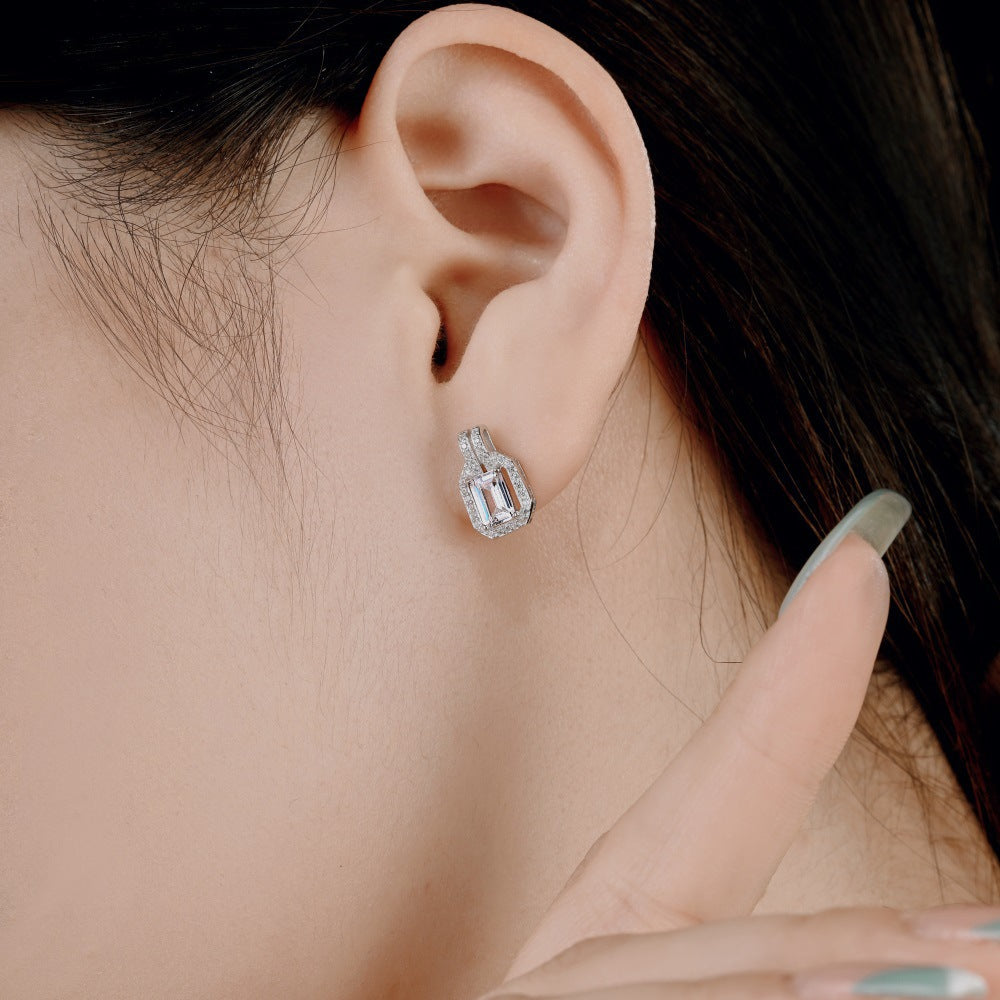 Sugar Halo Emerald-Cut Zircon Rectangle Stud Earrings in S925 Sterling Silver