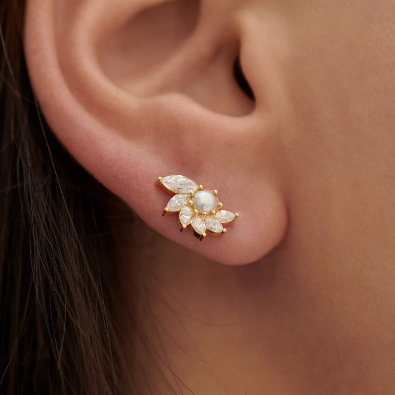 “Pearl Bloom” S925 Sterling Silver Zircon Shell Pearl Flower Stud Earrings