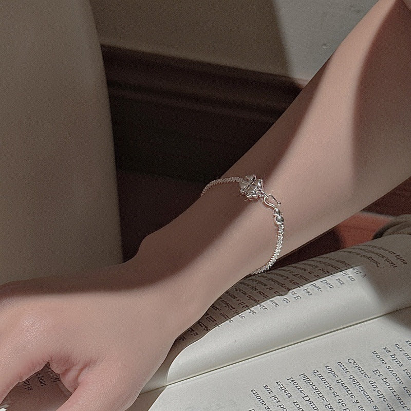 S925 Sterling Silver Lucky Gleam Four Leaf Clover Bracelet Textured Charm Jewelry