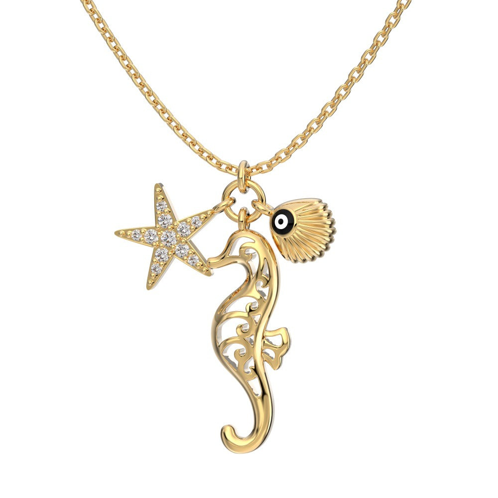 Ocean Talisman S925 Silver Starfish Seahorse Shell Charm Necklace