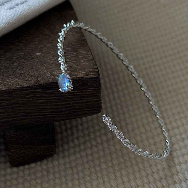 S925 Sterling Silver Blue Mist Aquamarine Open Bangle Bracelet Twisted Vine Design