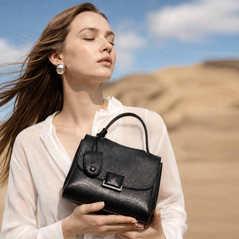 Women's Genuine Leather Square Flap Bag with Magnetic Closure