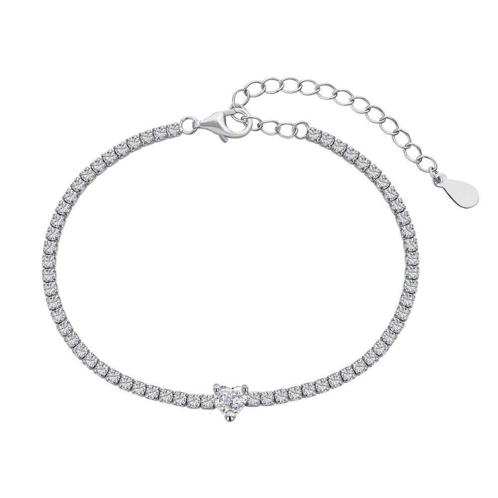“Heartline Tennis” S925 Sterling Silver Geometric Heart Tennis Bracelet