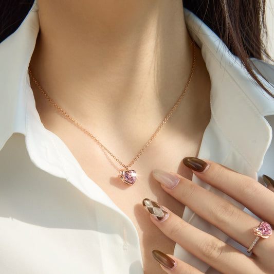 925 Sterling Silver Pink Heart Necklace & Ring Set – Blush Rose Vow