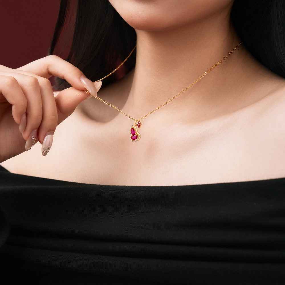 Crimson Gourd Double Drop Necklace with Red Zircon in S925 Sterling Silver