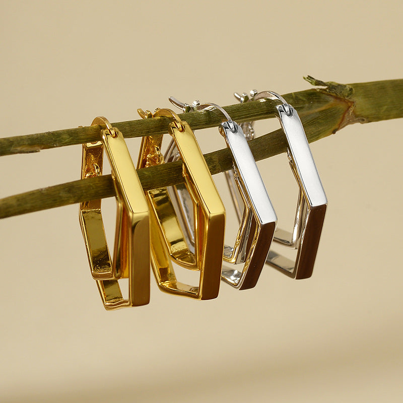 “Hexa Double Muse” S925 Sterling Silver Double-Layer Geometric Hoop Earrings