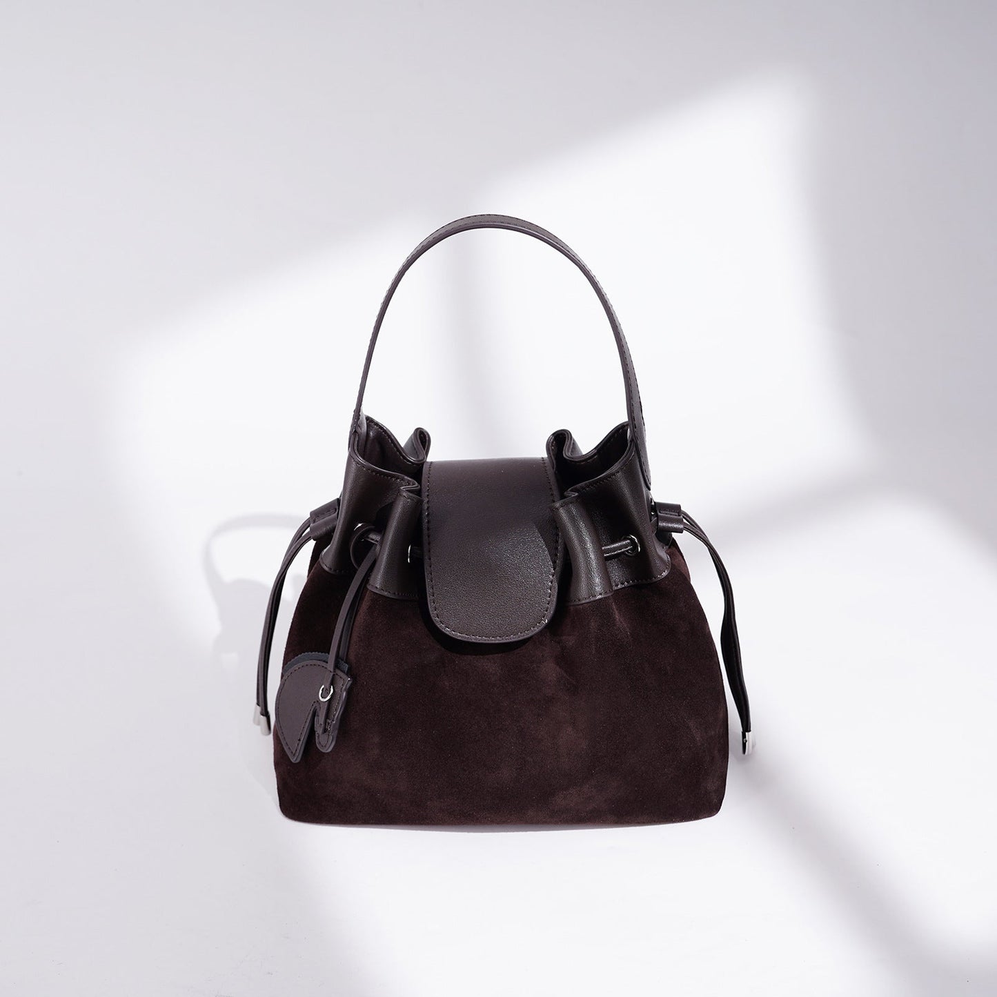 Women's Suede Leather Drawstring Bucket Bag with Horse Charm