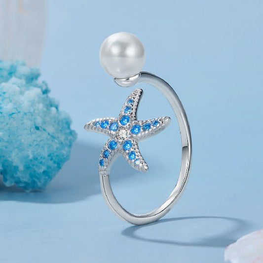 Azure Star S925 Sterling Silver Pearl Starfish Open Ring
