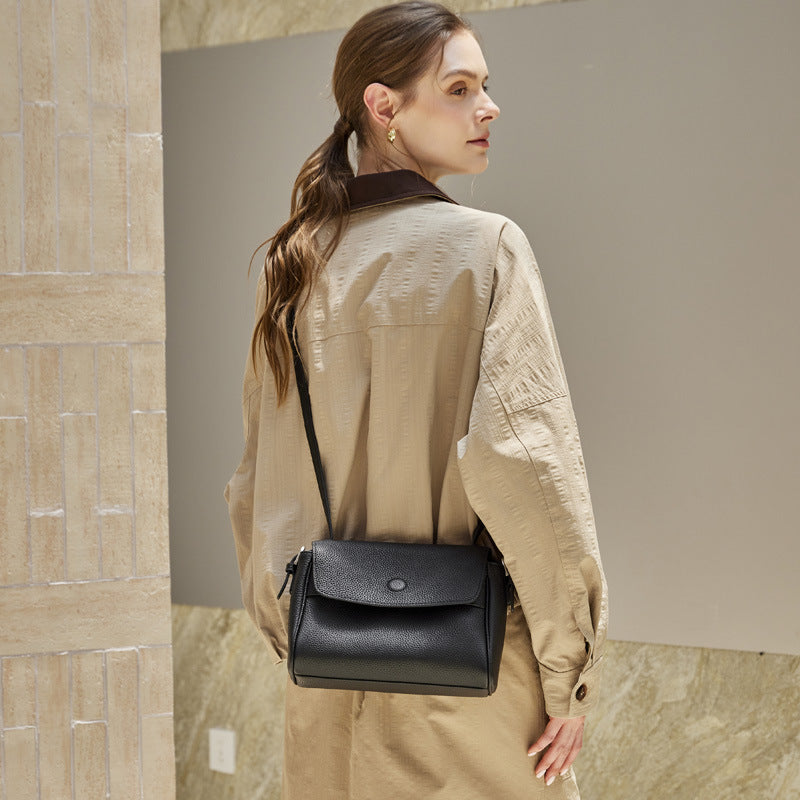 Women's Lychee-Grain Cowhide Flap Bag with Top Handle