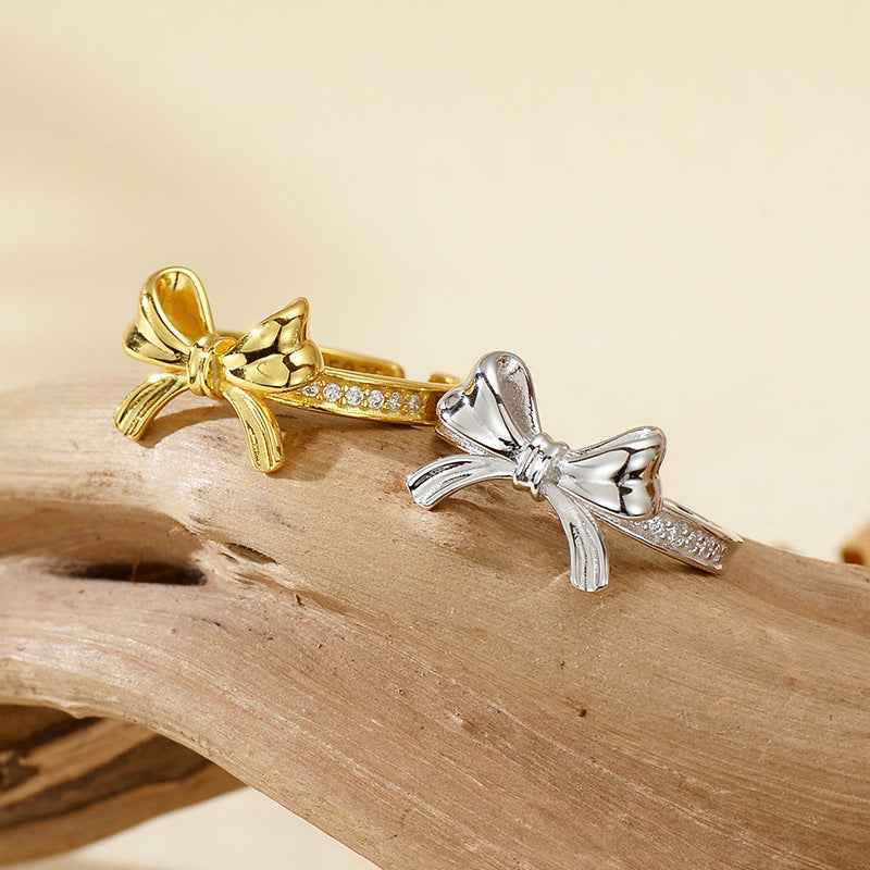 925 Sterling Silver Grace Bow Pavé Ribbon Ring Gold Platinum Plated