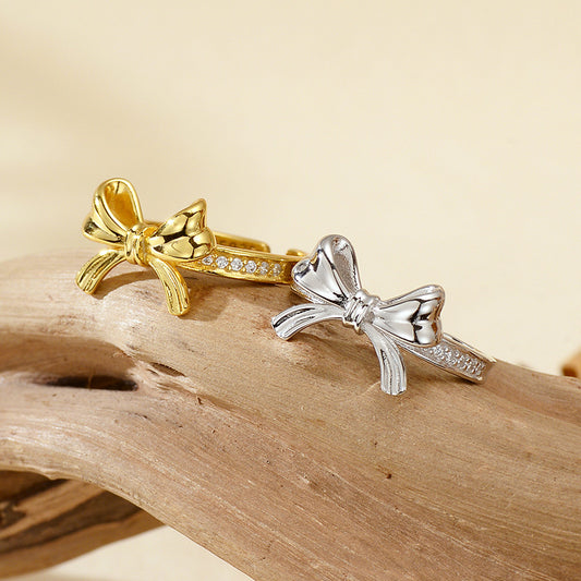 “Bow Belle” S925 Sterling Silver Zircon Bow Open Ring