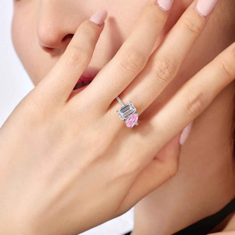 925 Sterling Silver Dual Lumina Pear & Emerald-Cut Zircon Dual-Stone Ring