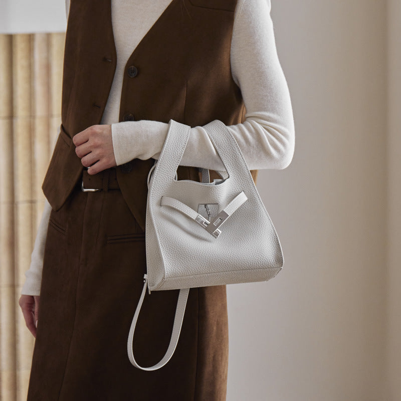 Women's Pebbled Cowhide Twist-Lock Bucket Bag with Inner Pouch