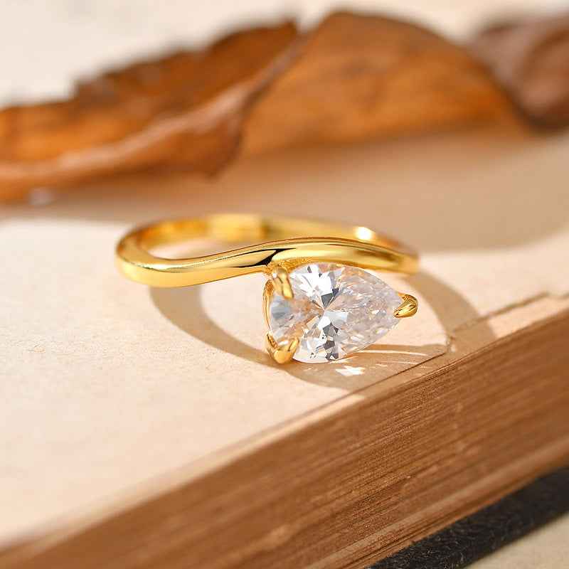 925 Sterling Silver Wave Dewdrop Teardrop Zircon Ring Gold Platinum Plated