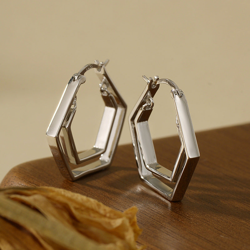“Hexa Double Muse” S925 Sterling Silver Double-Layer Geometric Hoop Earrings