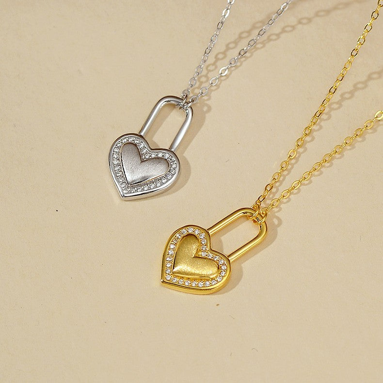 “Heart Lock” S925 Sterling Silver Zircon Heart Lock Pendant Necklace