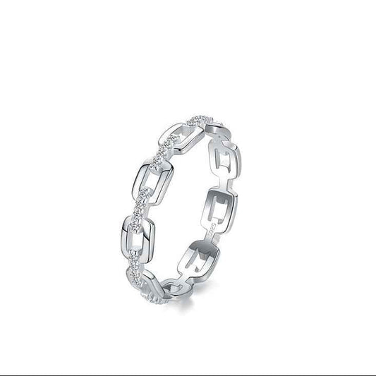 Linked Form Geometric Chain Ring 925 Sterling Silver Zircon Band