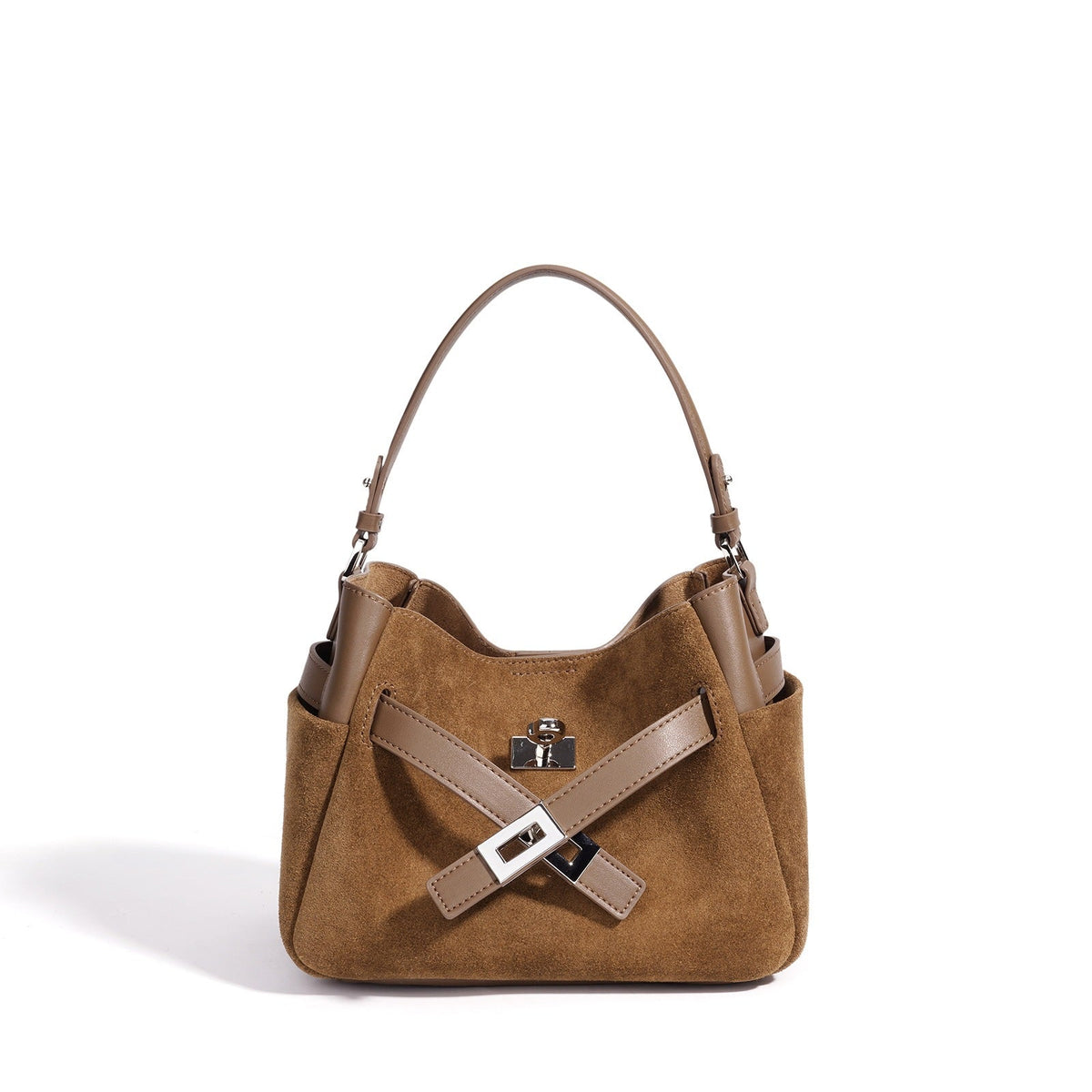 Women's Suede Cowhide Bucket Bag with Detachable Strap