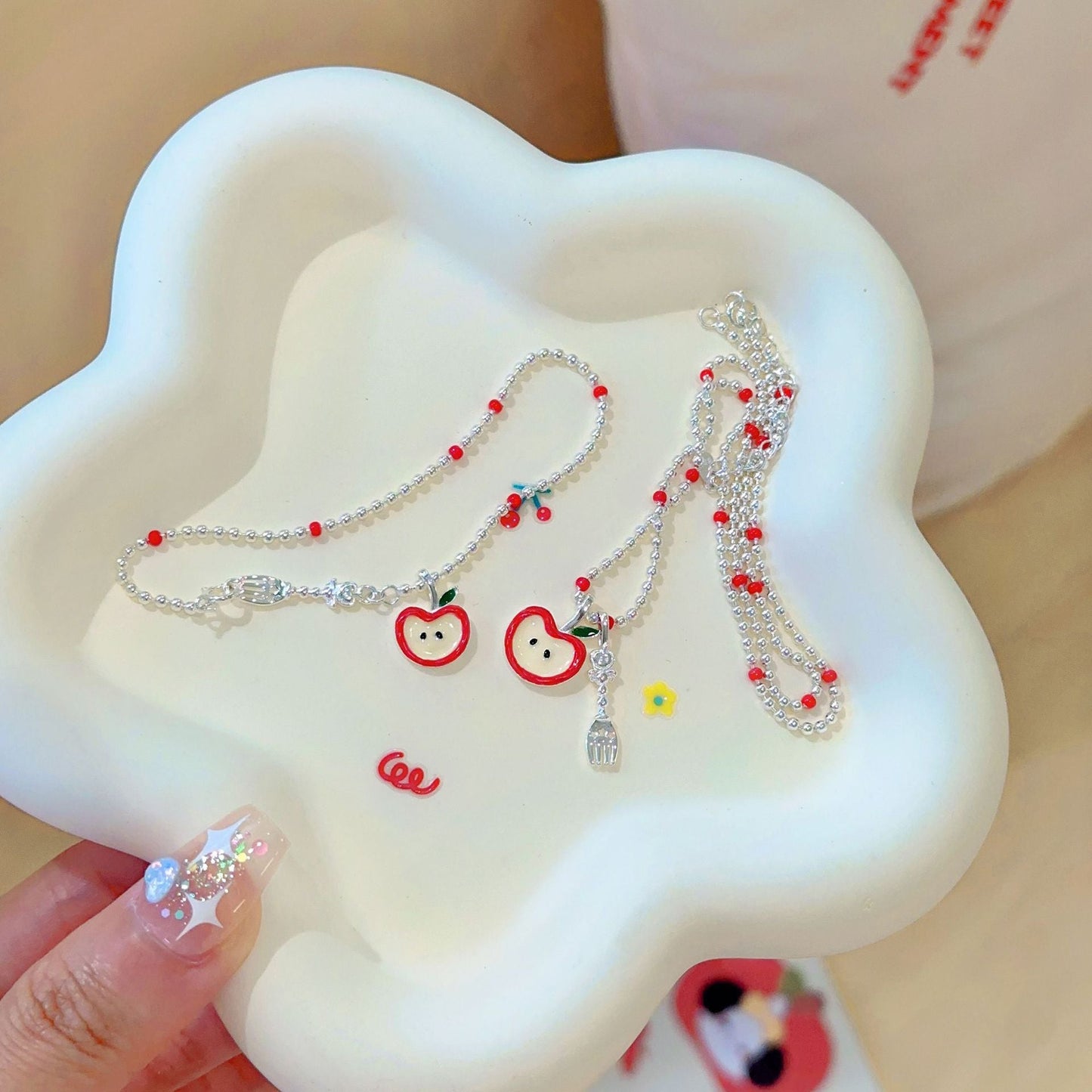 925 Sterling Silver Red Apple Charm Necklace & Bracelet Set – Crimson Orchard