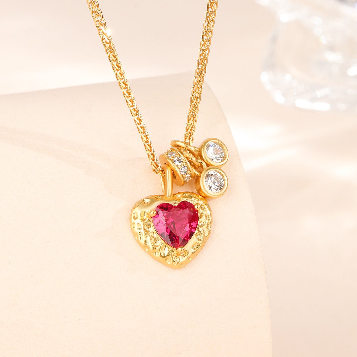 Rouge Heritage Vintage Red Zircon Heart Pendant Necklace in S925 Sterling Silver