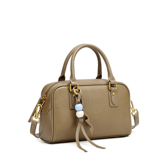 Women's Genuine Leather Boston Bag with Wavy Charm