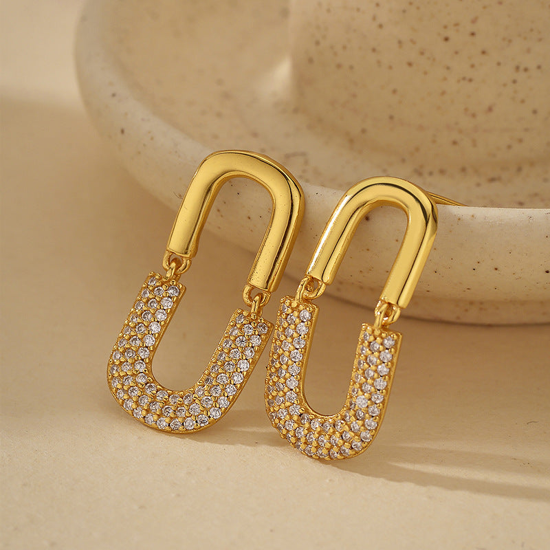 925 Sterling Silver Luxe Arc U-Shaped Earrings 18K Gold Plated Zircon Hoops