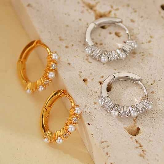 “Pearl Halo Gleam” S925 Sterling Silver Pearl Huggie Hoop Earrings with Zircon Accents