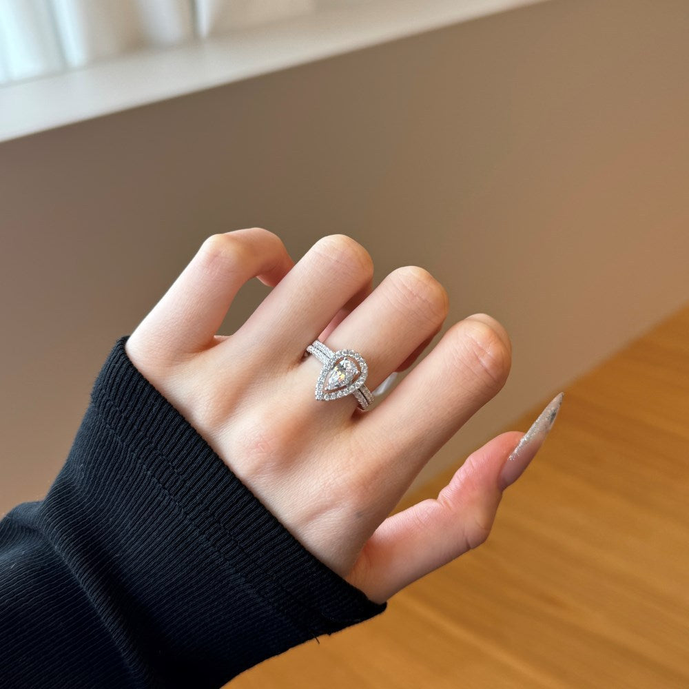 Twin Tear Grace S925 Silver Pear Cut Zircon Ring Set