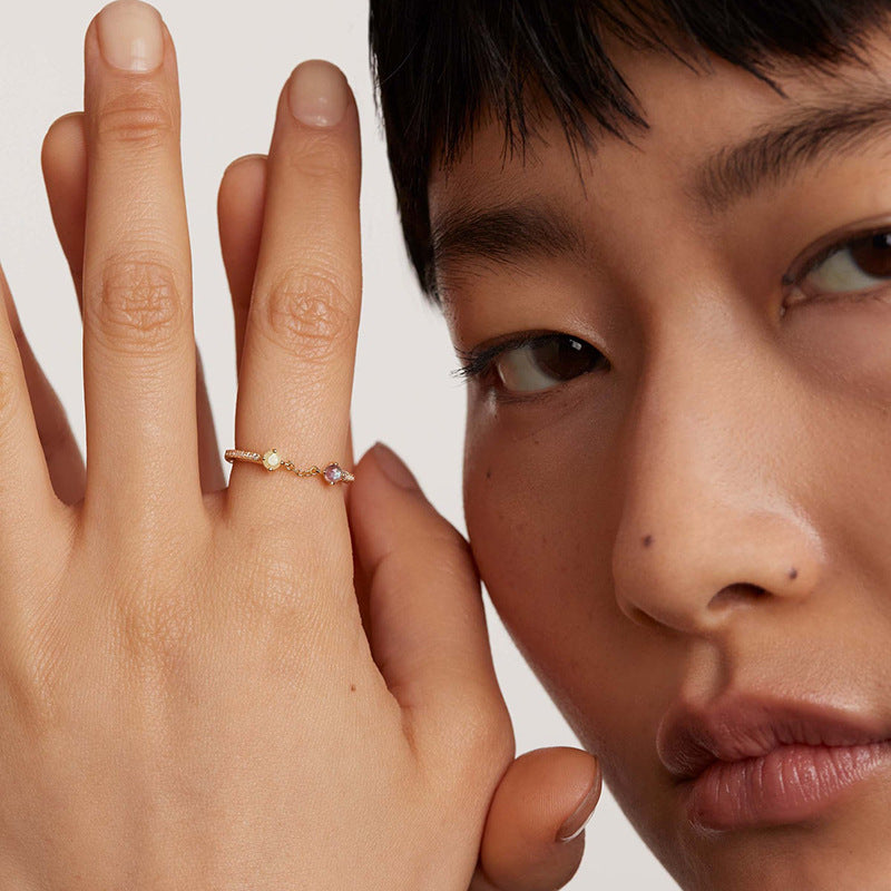 “Golden Link” S925 Sterling Silver Open Adjustable Two-Tone Chain Ring