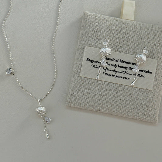 Silver Lily of the Valley Floral Jewelry Set with Zircon in S925 Sterling Silver