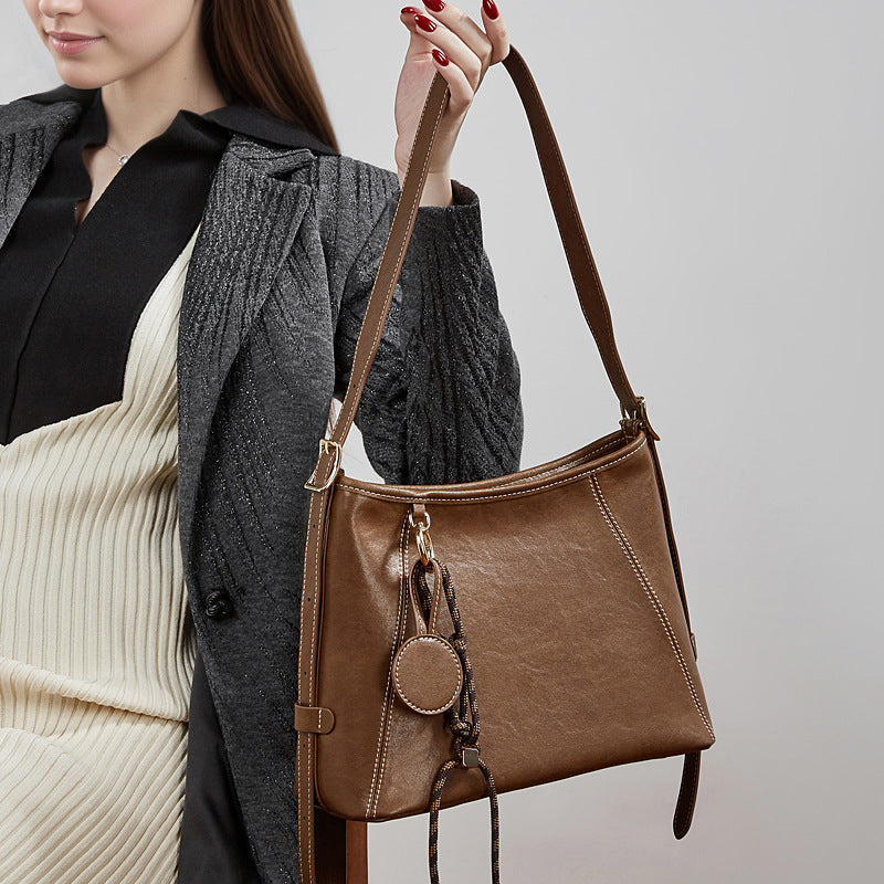 Women's Full-Grain Cowhide Contrast Stitch Hobo Bag