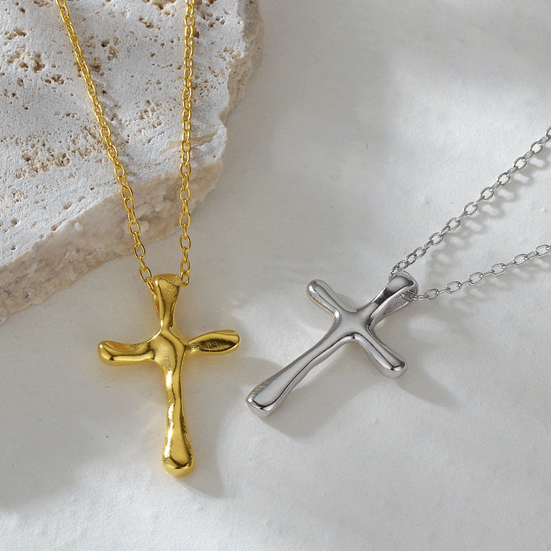 “Lava Cross” S925 Sterling Silver Irregular Cross Necklace
