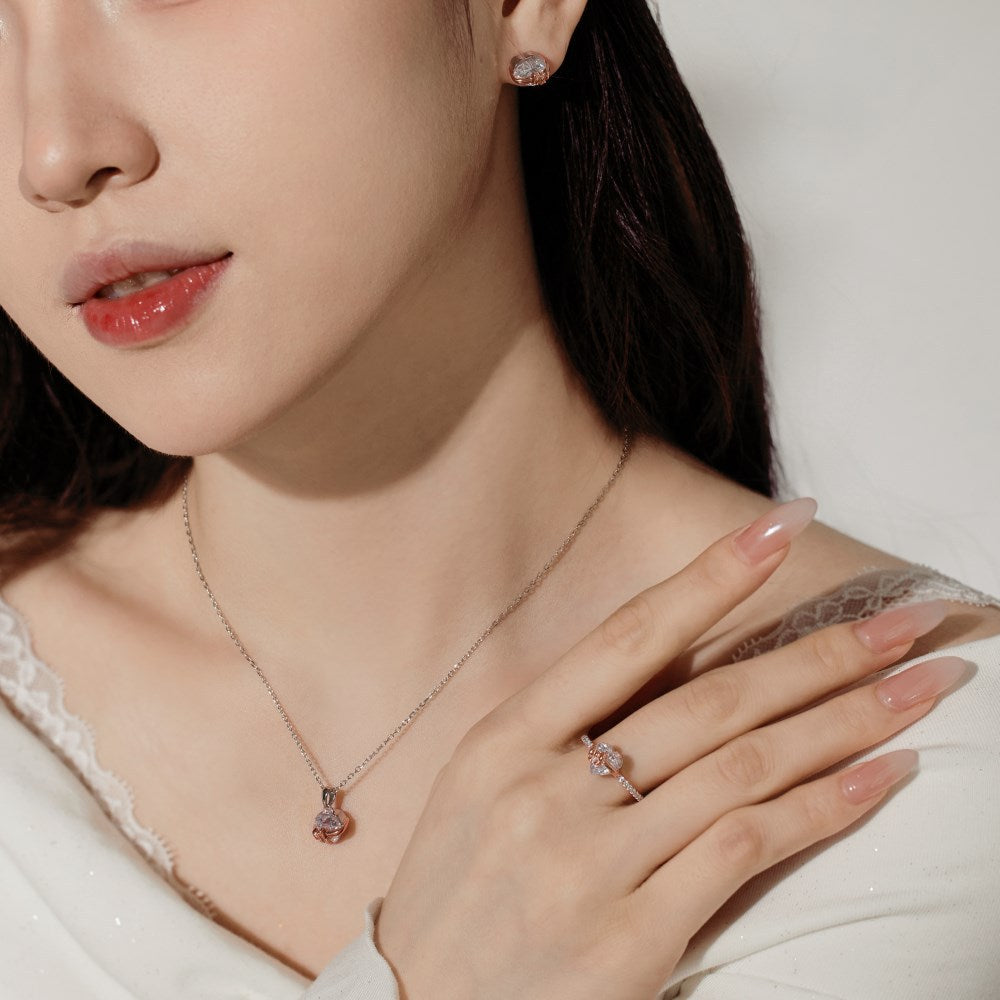 “Heart Bow” S925 Sterling Silver Zircon Necklace, Ring & Stud Earrings Set