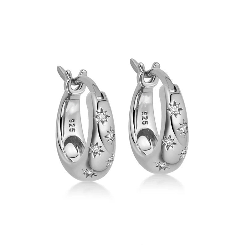 “Octastar Radiance” S925 Sterling Silver Eight-Point Star Zircon Hoop Earrings