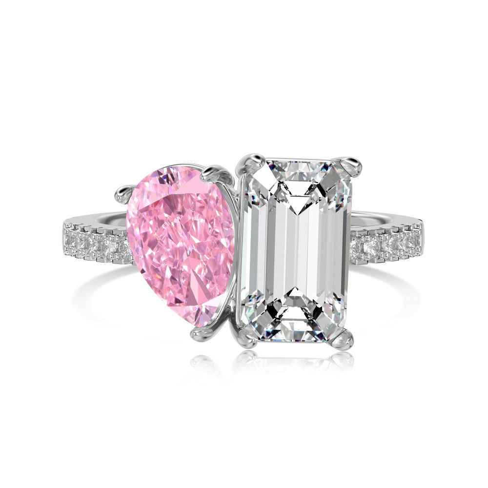 925 Sterling Silver Dual Lumina Pear & Emerald-Cut Zircon Dual-Stone Ring