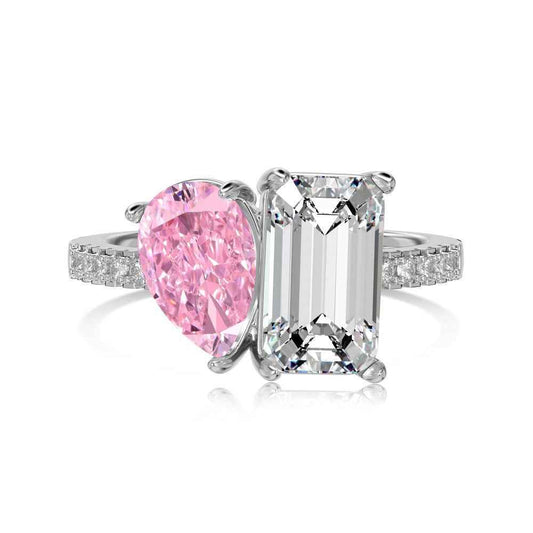 925 Sterling Silver Dual Lumina Pear & Emerald-Cut Zircon Dual-Stone Ring