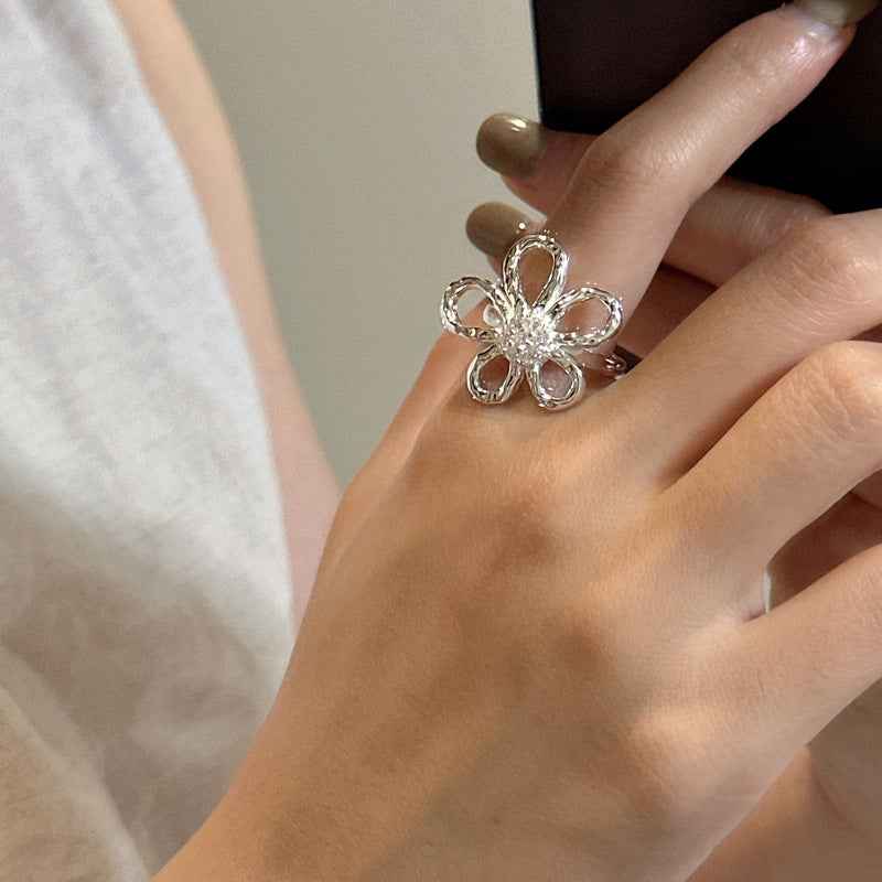 S925 Sterling Silver Floral Shine Jewelry Set Necklace Ring Earrings