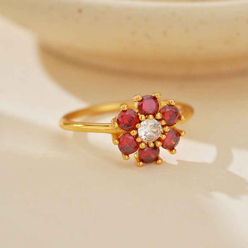 Ruby Bloom S925 Sterling Silver Red Stone Floral Two-Tone Ring