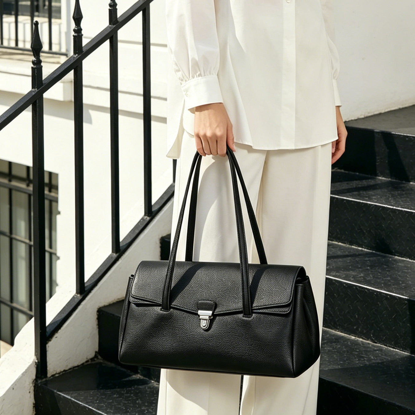 Women's Pebbled Cowhide Flap Tote with Twist-Lock Closure