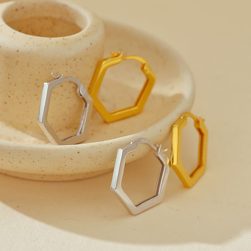 “Hexagon Muse” S925 Sterling Silver Minimalist Hexagon Hoop Earrings
