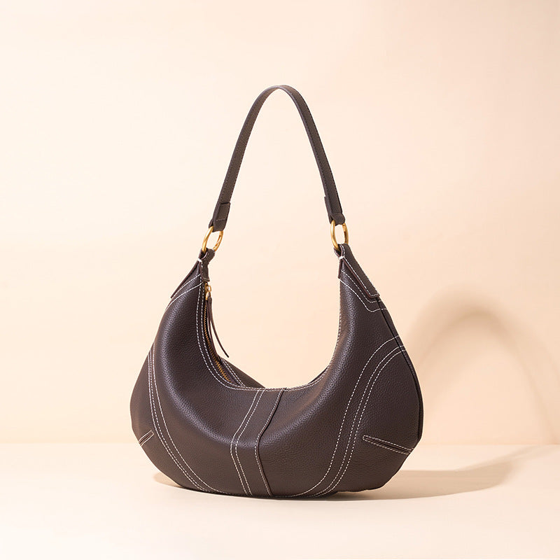 Women's Pebbled Cowhide Curved Hobo Bag with Contrast Stitching