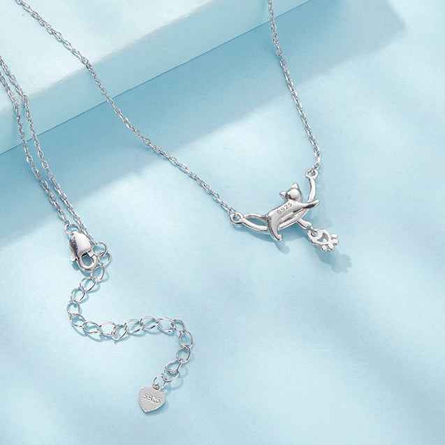 925 Sterling Silver Moonlight Cat Necklace Moonstone White Gold Plated Cat Pendant