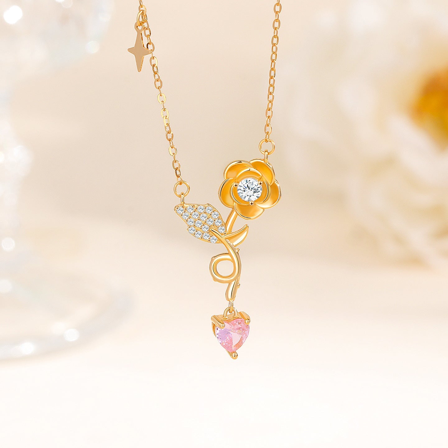 Blooming Rose S925 Sterling Silver Rose Pendant Necklace with Zircon