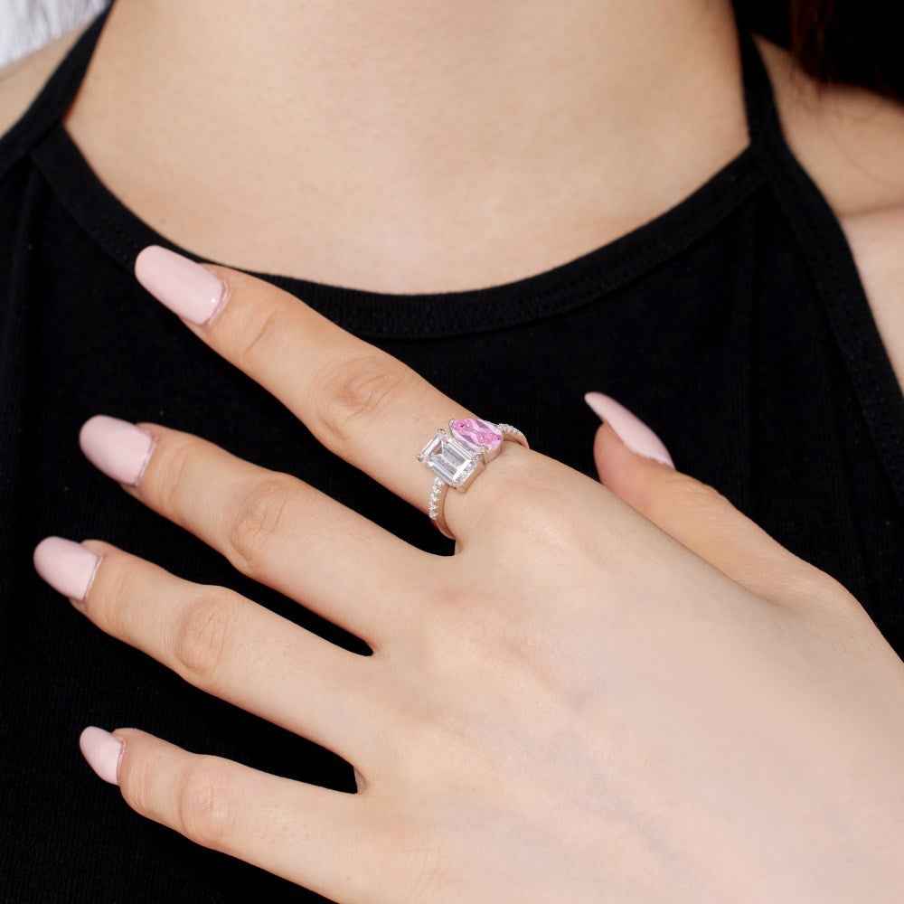 925 Sterling Silver Dual Lumina Pear & Emerald-Cut Zircon Dual-Stone Ring